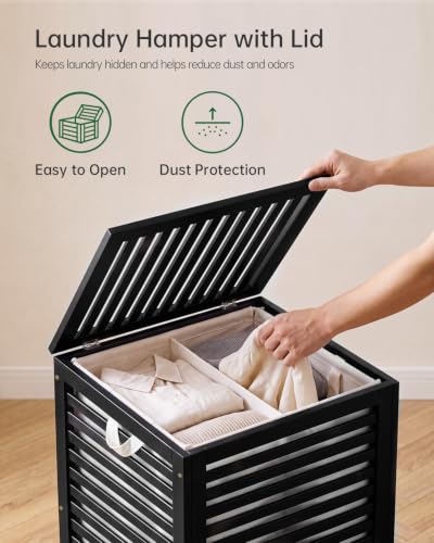 Black Double Laundry Hamper with Lid & Removable Liners, 120L Bamboo Storage Basket