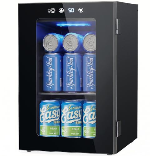 24 Can Beverage Refrigerator - 0.6 Cu.Ft Countertop Mini Fridge with Glass Door, Black