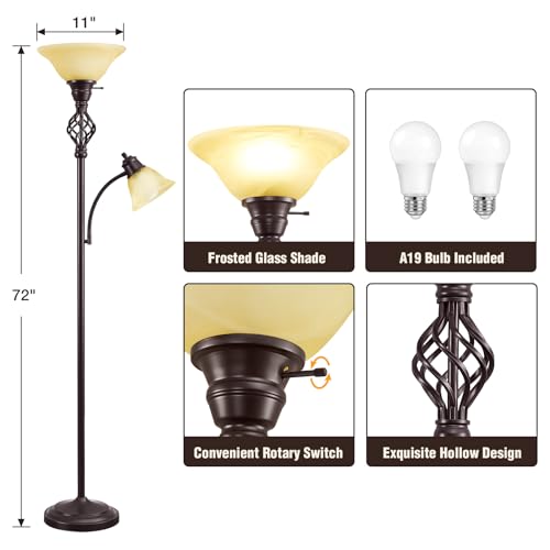 GyroVu Torchiere Floor Lamp for Living Room - Red Brown & Yellow Frosted Glass Shade