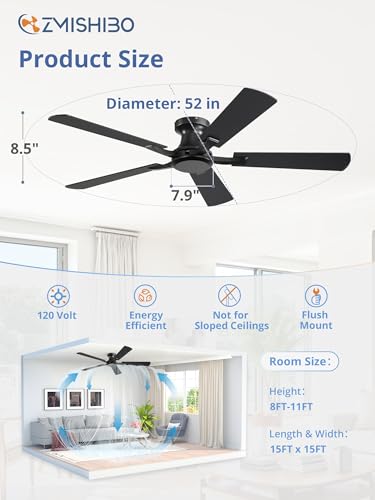 Black 52 Inch Ceiling Fan No Light Flush Mount Low Profile - Whisper-Quiet DC Motor