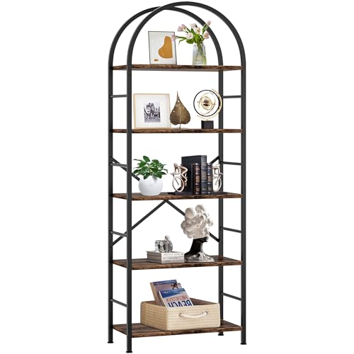 Shintenchi Rustic Brown 5-Tier Arched Bookshelf - Tall Metal & Wood Bookcase