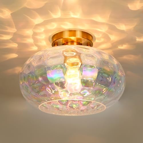 11-Inch Brass Gold Semi Flush Ceiling Light with Stained Glass Shade - Modern Close to Ceiling Fixture