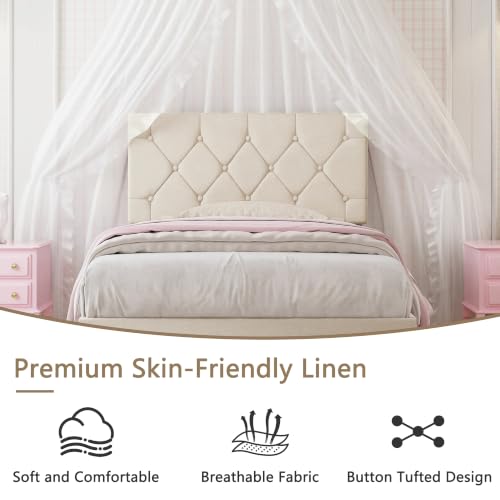 VECELO Upholstered Twin Bed Frame with Adjustable Headboard, Beige