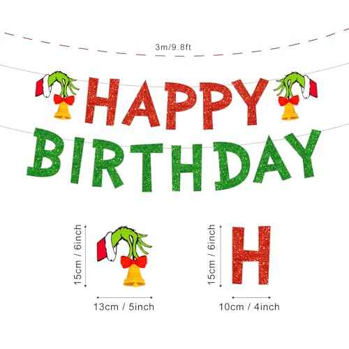Merry Christmas Birthday Banner, No DIY, Glittery Happy Xmas Themed Party Decorations Red and Green December Party Supplies