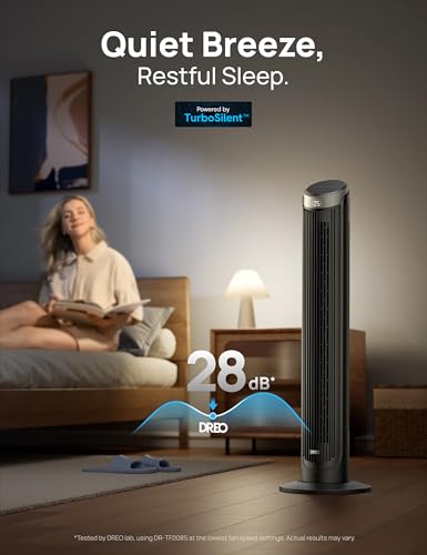 DREO Silver Smart Tower Fan 28dB, 90° Oscillating, 11.42x11.42x40in
