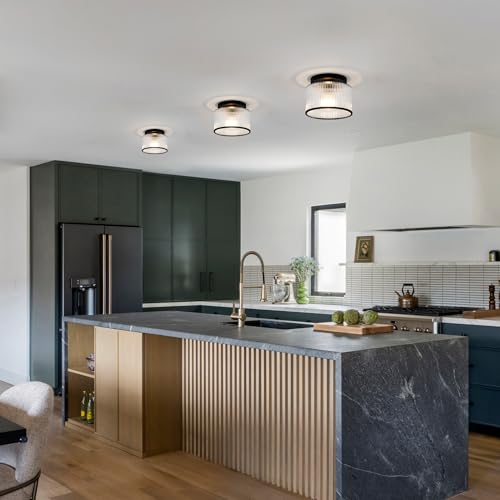 Zlepmlla Ceiling Light Fixture - Black2 Ribbed Glass Modern Flush Mount for Hallway Bedroom Bathroom Kitchen