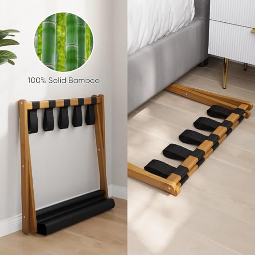 Smart FENDEE Walnut Bamboo Folding Luggage Rack 2 Pack, Suitcase Stand with Storage Shelf for Hotel & Guest Room
