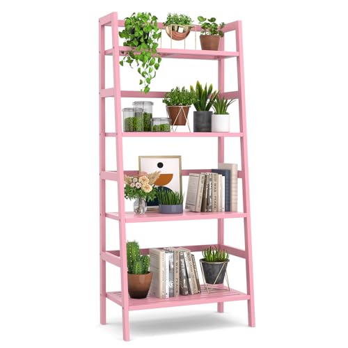 Pink Ladder Shelf - 4-Tier Bamboo Bookcase & Organizer for Home
