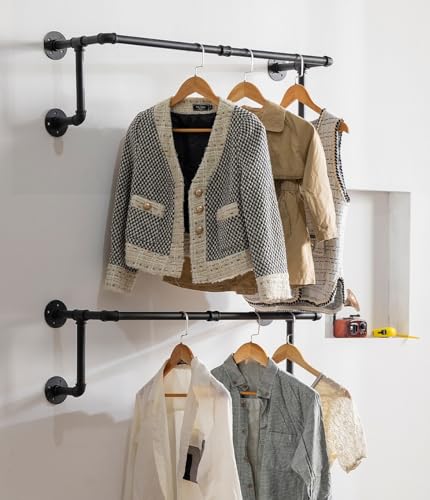 2-Pack Wall Mounted Industrial Pipe Clothing Racks with Flanges – Rustic Metal Garment Organizer
