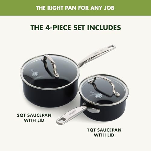 GreenPan Prime Chatham 1QT & 2QT Nonstick Saucepan Set with Glass Lids, Hard Anodized, PFAS-Free, Dishwasher Safe, Oven Safe, Black