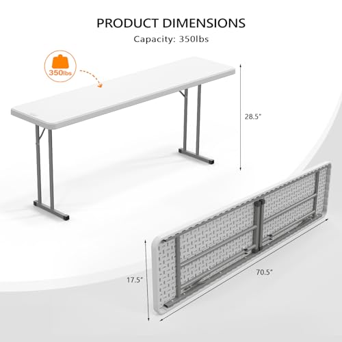 VINGLI 6ft White Narrow Folding Table - Premium HDPE & Sturdy Metal Frame