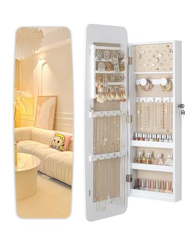 Nicetree Moon White Rounded Wall Jewelry Mirror Cabinet 3.78''D x 13.1''W x 40.75''H