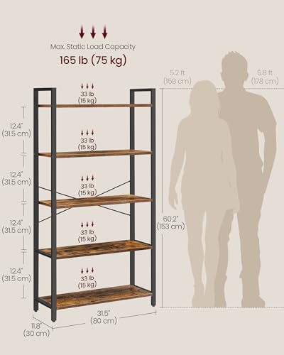 VASAGLE Rustic Brown & Black 5-Tier Bookshelf with Shelves, No Back Panel, 11.8D x 31.5W