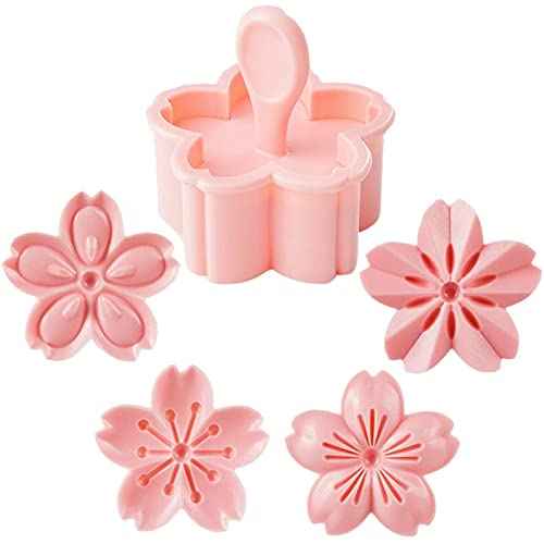 5Pcs/Set Cookie Mold Stampers Cherry Blossom Pastry/Fondant Cutters Flower-Shape Hand Pressure Pastry Mould for Sakula Cookies, Sugarcraft Cake Decoration, Polymer Clay, Chocolate (Pink)