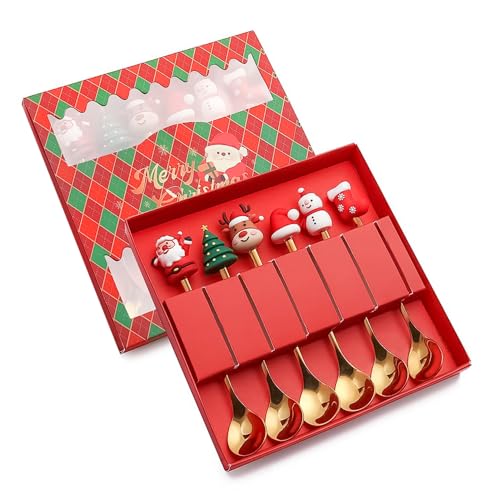 MOJMBSBY 6 Pcs Golden Christmas Spoons Set - Festive Stainless Steel Cutlery