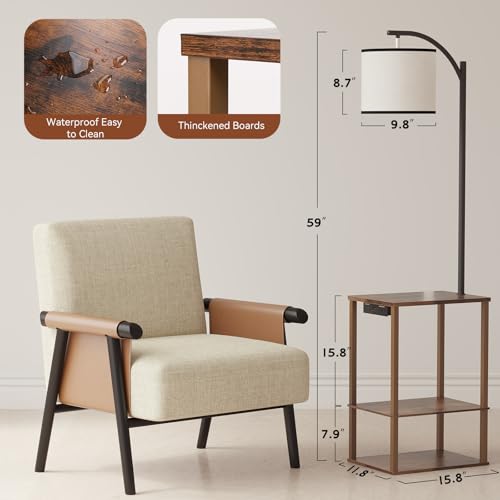 SUNMORY Rustic Brown Floor Lamp with Shelves & Charging Station - End Side Table for Living Room