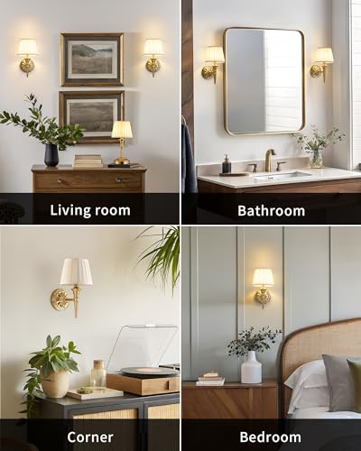 Gold & Beige Cordless Wall Sconces Set of 2 - Dimmable Fabric Lamps with Remote