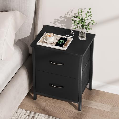Vagusicc 2-Pack Black Nightstands with Charging Station, USB & Power Outlets