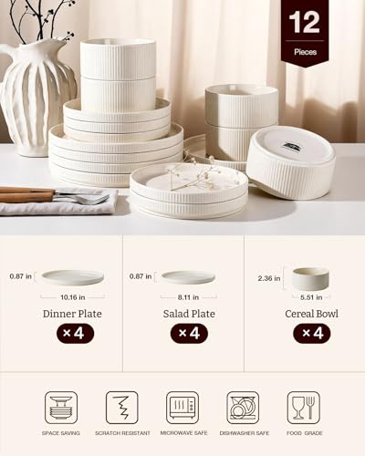 Service for 4 Creamy White Line Porcelain Dinnerware Set - 12 Pieces