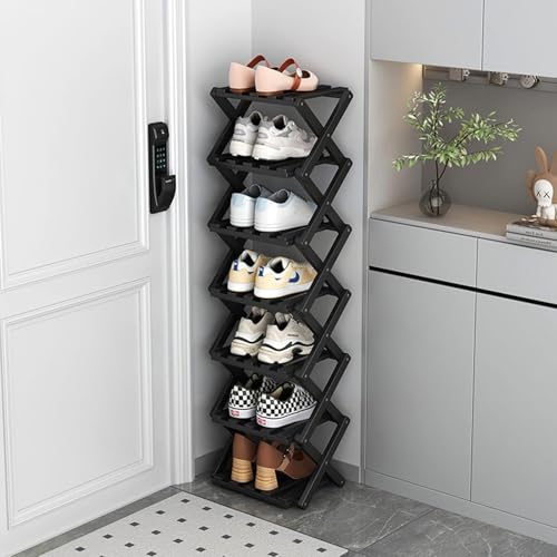 Foldable 7-Tier Vertical Shoe Rack - Black, Space-Saving & Portable