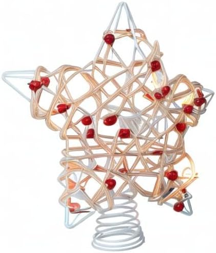 Lighted Birch Holly Berry Rattan Star Christmas Tree Topper - 11 Inch UL4295