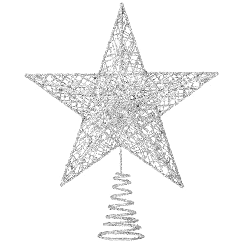 XIMISHOP Silver Glitter Christmas Tree Topper Star - 10 inch Holiday Decor