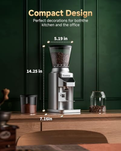 Cusinice Brushed Silver Conical Burr Coffee Grinder with 0.1s Timer & Anti-Static Design