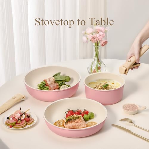 Pink 19-Piece Non-Stick Cookware Set with Detachable Handles - Space-Saving Design
