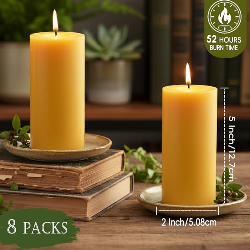 Beeswax Pillar Candles 2x5 Inch 8 Pack Unscented - Long Burn & Air-Purifying