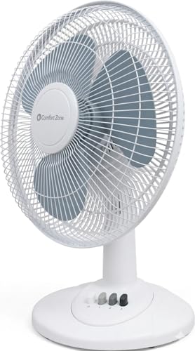 Comfort Zone White 16-Inch Oscillating Table Fan with Adjustable Tilt, 3-Speed, Quiet Desktop Fan CZ161WT