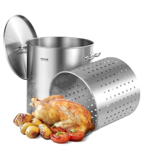 VEVOR 63.9 Quart Stainless Steel Stockpot with Basket & Lid - Large Capacity Commercial Cookware