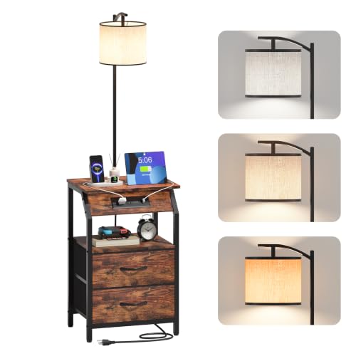 End Table with Floor Lamp and Charging Station - Brown 2 Drawers