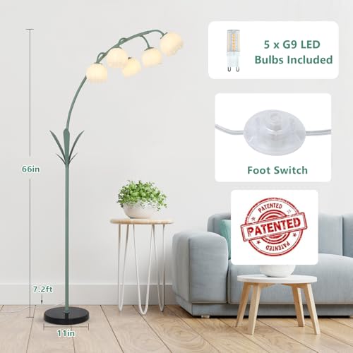 HMVPL Green Floral Arc Floor Lamp with Acrylic Shade & 5 G9 LED Bulbs