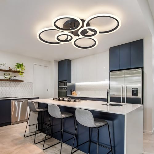 Shine LUEST 6 Rings Black Modern LED Ceiling Light Fixture, Flush
