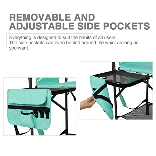 Portable Makeup Artist Chair with Side Tables - Tall Foldable Styling Chair, Green, 31 Inch