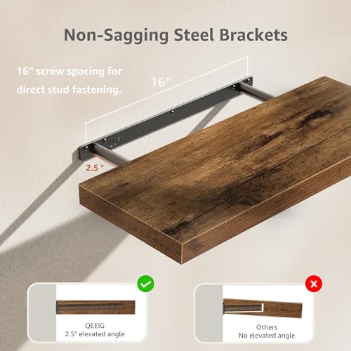 QEEIG Bathroom Long Floating Shelves Set of 2 - Rustic Brown 23.6 Inch Wall Shelves