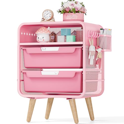 Pink Nightstand with Storage Drawers & Hanging Basket for Kids Rooms