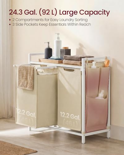 Laundry Hamper with Shelf and 2 Removable Bags - Cappuccino Beige + Natural Beige, 92L