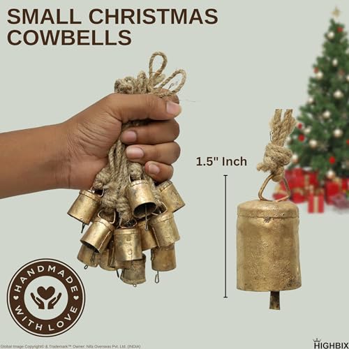 HIGHBIX 4cm Small Vintage Rustic Lucky Cow Bells on Jute Rope - 30 Cylinder