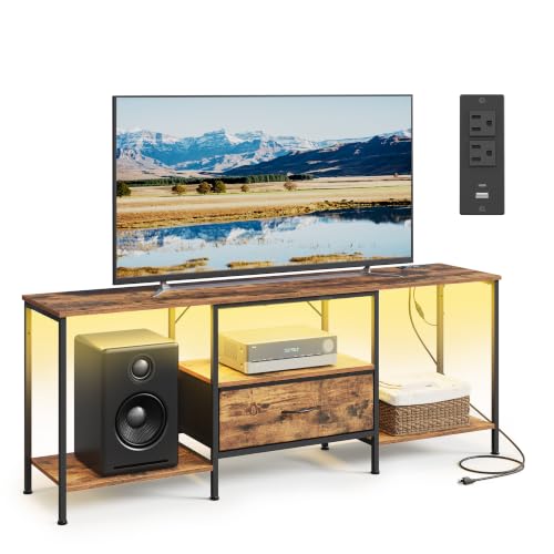 Rustic Brown 70-Inch TV Stand with LED Lighting and Storage - 13.8 x 61.8 x 23.6 Inches