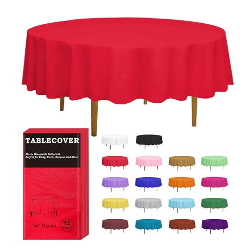 D&Z 12 Pack Red Round Disposable Plastic Tablecloth 84" - PEVA