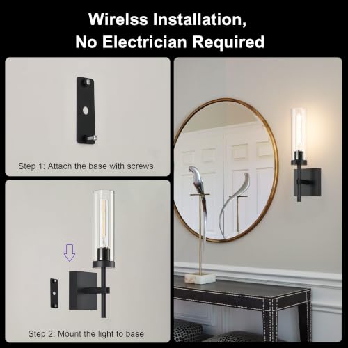 SANTOSTOCK Wireless Wall Sconces Set of 2 with Remote, Rechargeable 16 Inch Glass & Black Finish, Dimmable 3000K