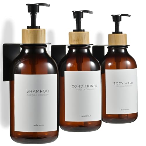 MaisoNovo Refillable Shampoo & Conditioner Dispenser Set - Wall Mount Amber Bamboo
