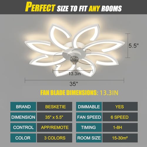 35-Inch Bladeless Ceiling Fan with Lights - White, 3-Color Dimmable LED, Remote & App Control, Low Profile, Modern Design - Variation: White