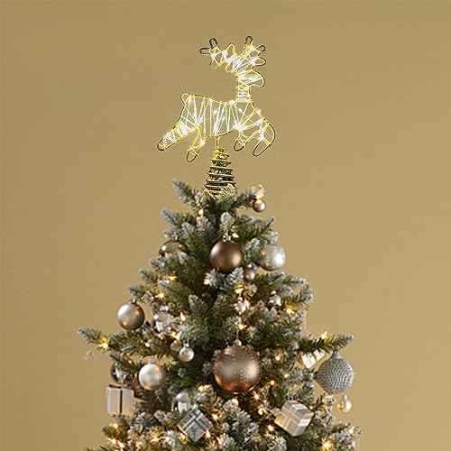 Juegoal Lighted Reindeer Christmas Tree Topper, Metal Xmas Glitter Elk Treetop Ornaments with 30 LED Warm White Lights, Battery Powered Light up 2D Deer Christmas Tree Decorations, Golden