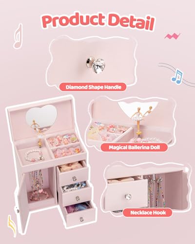 VLANDO Light Pink 4-Layer Musical Jewelry Box with 3 Drawers & Necklace Hook