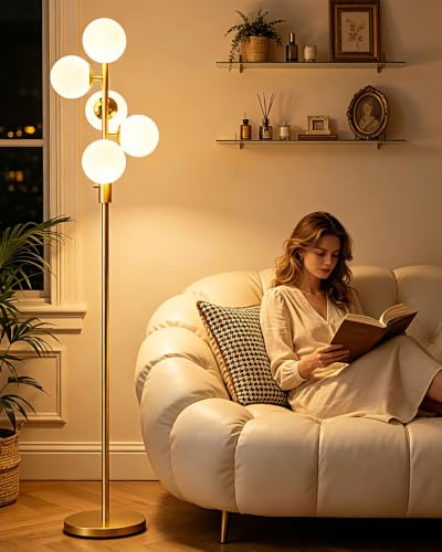 Lightdot Gold Globe Floor Lamp - Dimmable Mid Century Modern Standing Lamp with 5 Bulbs