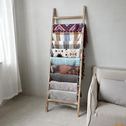 Rustic Wooden Blanket Ladder - 6.4ft Tall, 24 In Wide, 11 Rungs - Burnt Brown
