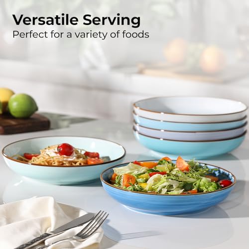 8.5 Inch Pasta Bowls Set of 6 - Gradient Blue Ceramic Salad & Soup Bowls