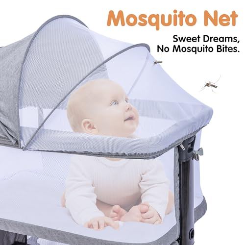 4-in-1 Bedside Bassinet Sleeper with Mesh, 6-Height Adjustable, Washable Mattress - Grey